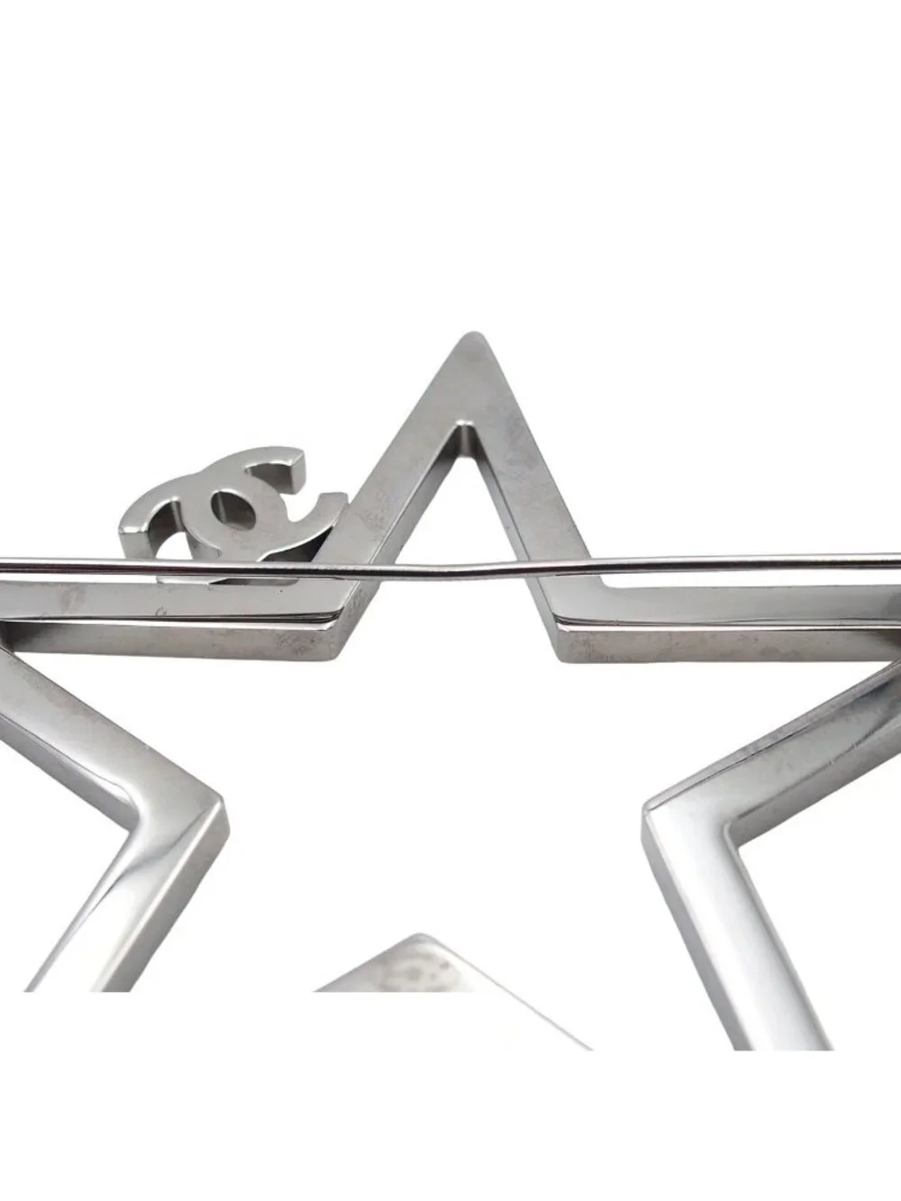 Chanel Brooch Silver Metal CC Logo Star Rhinestone Costume 17k